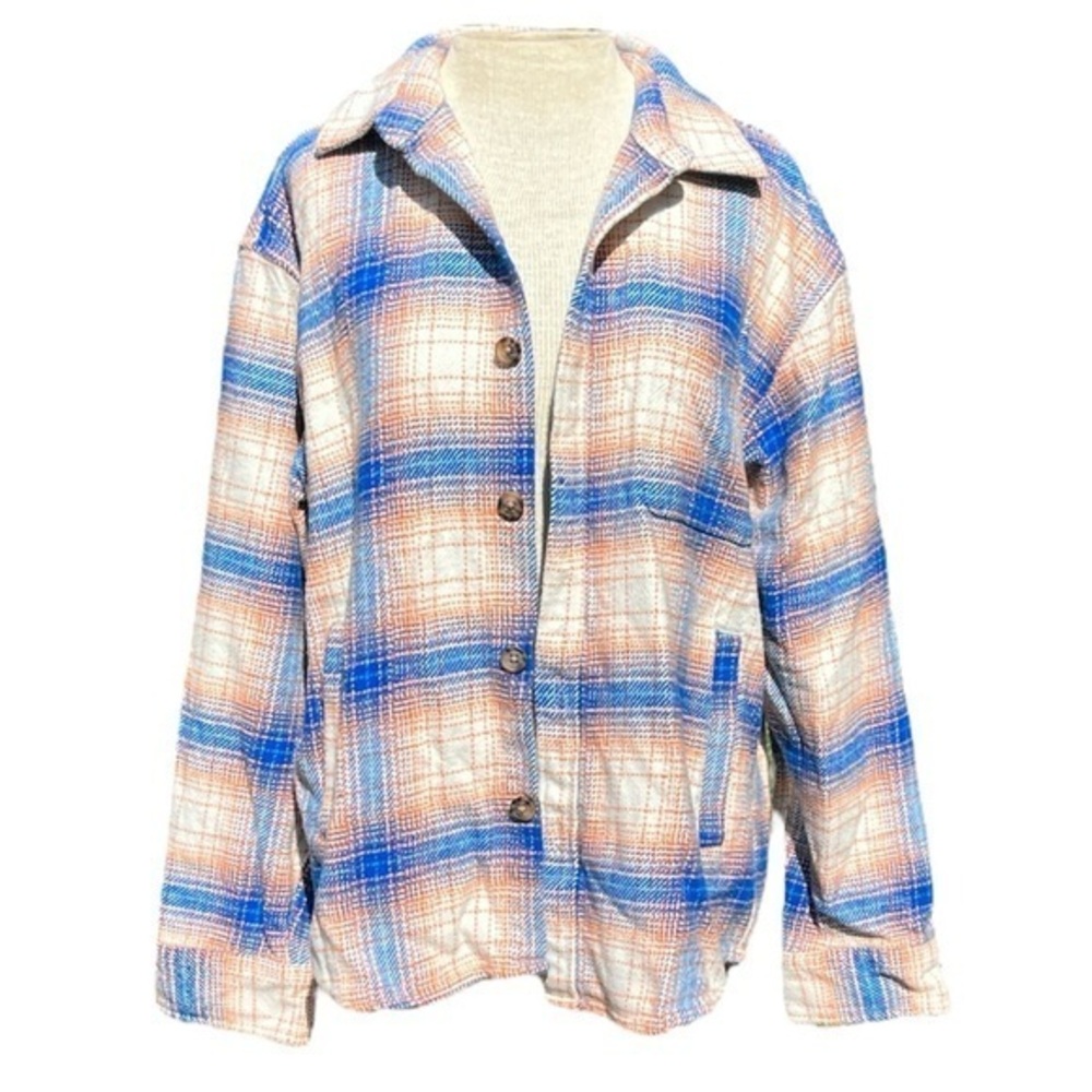 Goodfellow plaid medium thickness button down long sleeve shacket, blue/orange